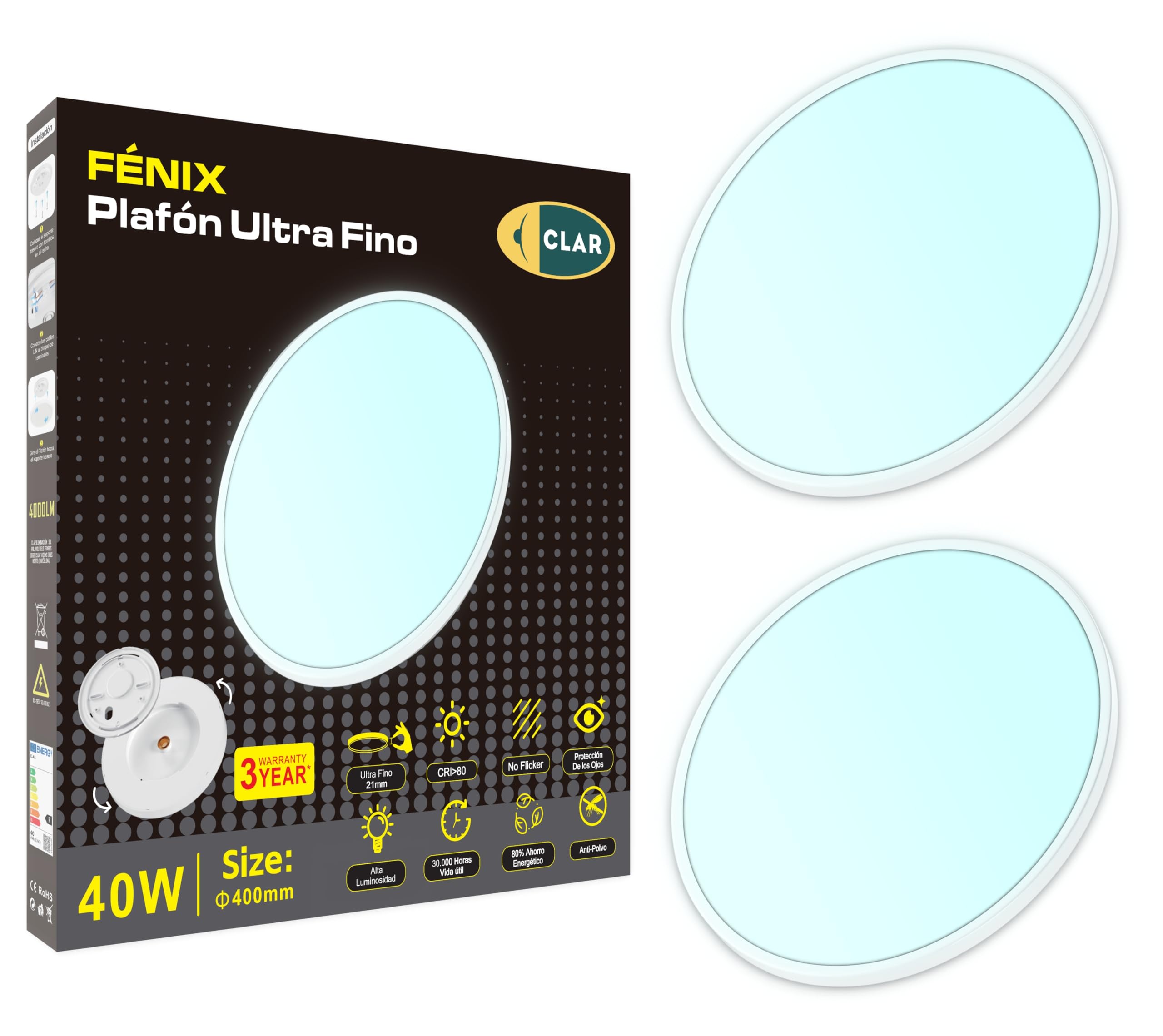 CLAR - Plafón Led Techo 40 Cm, Plafón Led Techo 40W, Lámparas De Techo Salón, Plafón Salón, Plafones Para Techo Led, Plafón Led Techo Cocina, Blanco Frío 6000ºK, 40W (Pack 2)