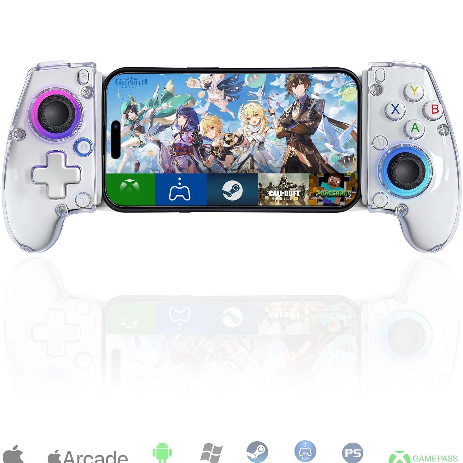 Transparent Phone Controller for iPhone, Android Mobile Controller Wireless Gaming Gamepad Joystick with RGB Lighting/Turbo/6-Axis/Dual Vibration, Xbox/PS5/PS4/PC Streaming, Cloud Gaming, Direct Play