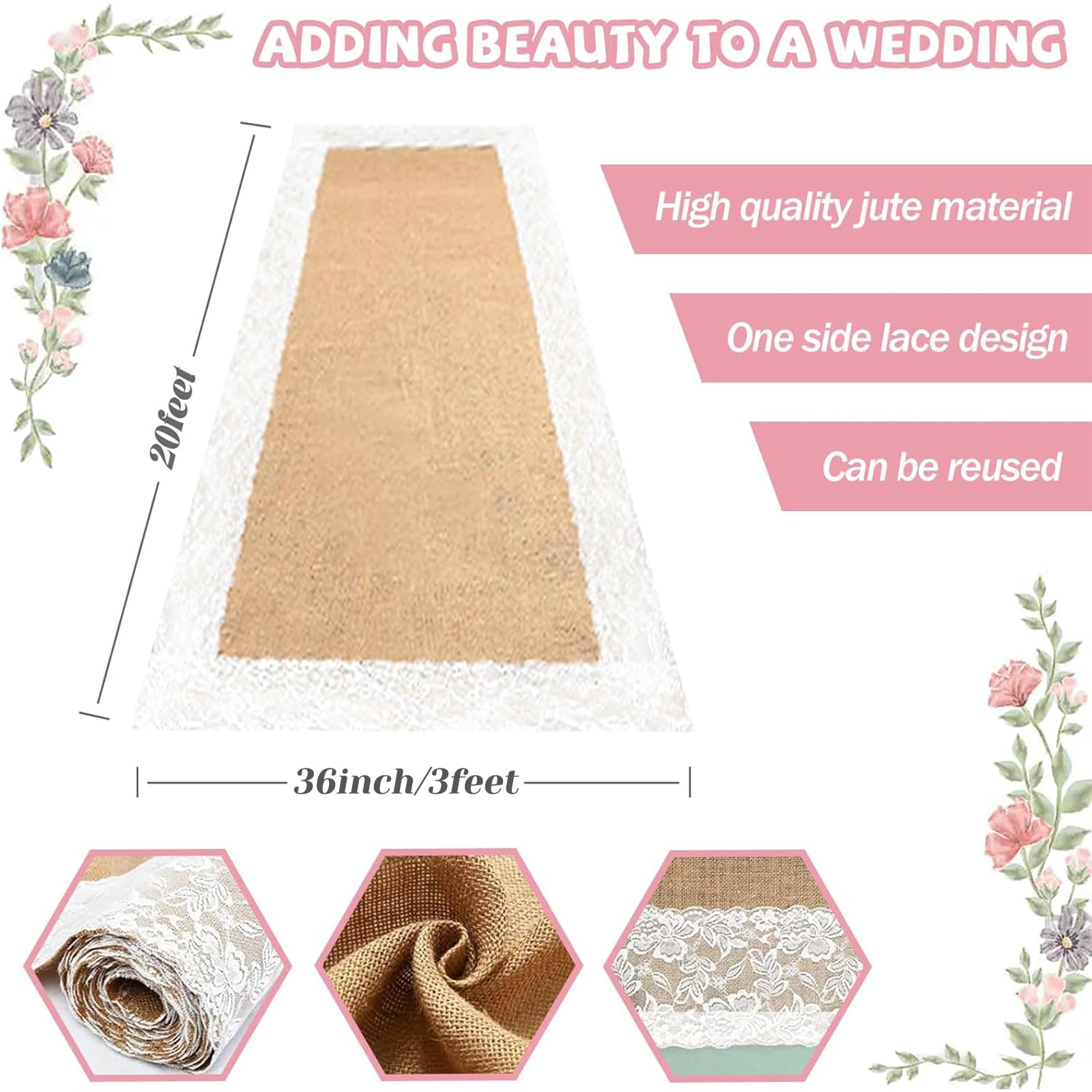 Camino de pasillo de arpillera para ceremonia de boda, 36 x 20 pies, de arpillera natural, camino de pasillo de boda con encaje, de yute vintage, sin costuras, rústico, para pasillo de boda al