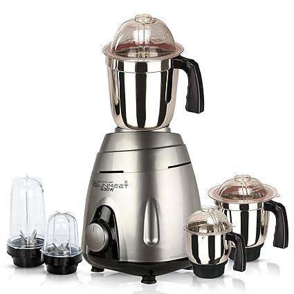 SilentPowerSunmeet VGSMA21 600Watts Mixer Juicer Grinder with 5 Jars (2 Bullets Jar, 1 Liquid Blending Jar, 1 Dry Grinding Jar and 1 Chutney Jar) - Silver
