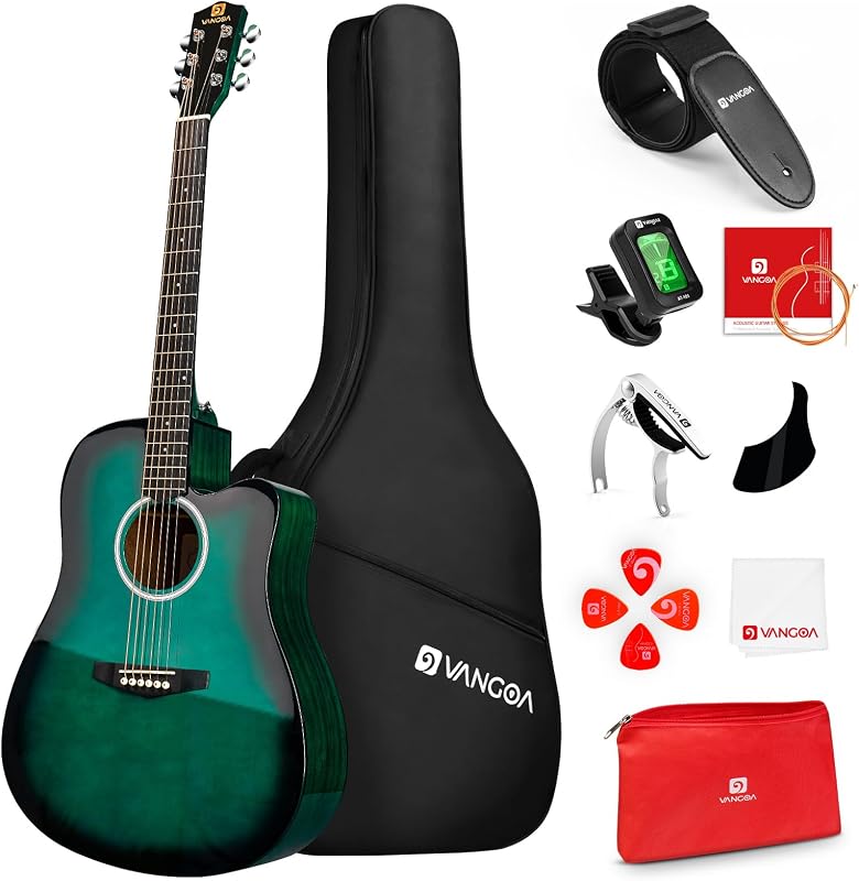 41" Acoustic Guitar Beginner Kit Sitka Spruce Top for Adults, Glossy Green | Dreadnought Cutaway, Sapele Back & Sides, Low-action Neck, 18:1 Sealed Tuners, Padded Gig Bag, Complete Starter Bundle
