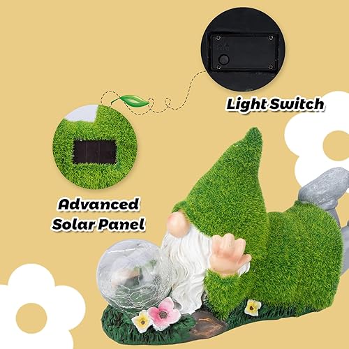 Miniatura 6 de Estatua de gnomo de jardín con luces solares de globo de vidrio agrietado, estatua de gnomos de resina, patio, césped, porche, decoración de jardín