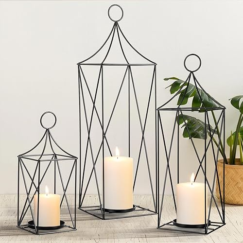 Miniatura 5 de Juego de faroles de metal altos de 3-24, 19 y 13 pulgadas, elegantes portavelas para bodas, fiestas y decoración de Navidad, uso en interiores y