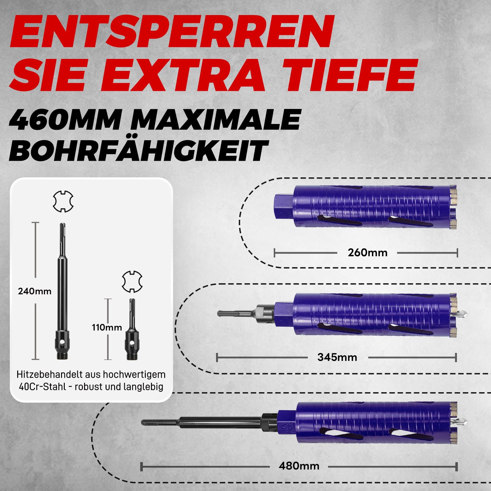 Extra lange Ø51mm x 220mm Länge Diamantbohrkrone – Kernbohrer mit M22 Gewinde, inkl. 2 SDS Plus Verlängerungen (240mm & 110mm) für tiefe Bohrungen in Beton, Mauerwerk, Kalksandstein