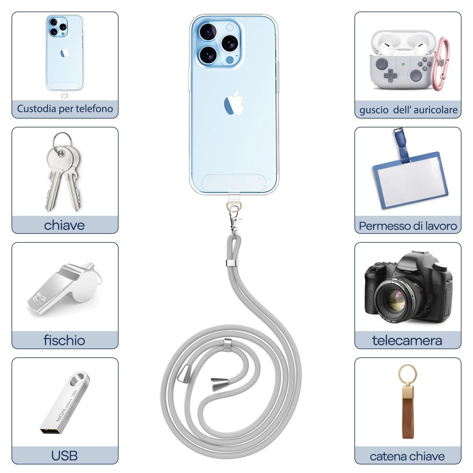 caslord Cordino per Cellulare*1, Trasparente Patch Universali*2, Adatto a Tutti Gli Smartphone, Cinturino per Cellulare Abbinabile a Qualsiasi Custodia, Regolabile e Rimovibile - Grigio chiaro