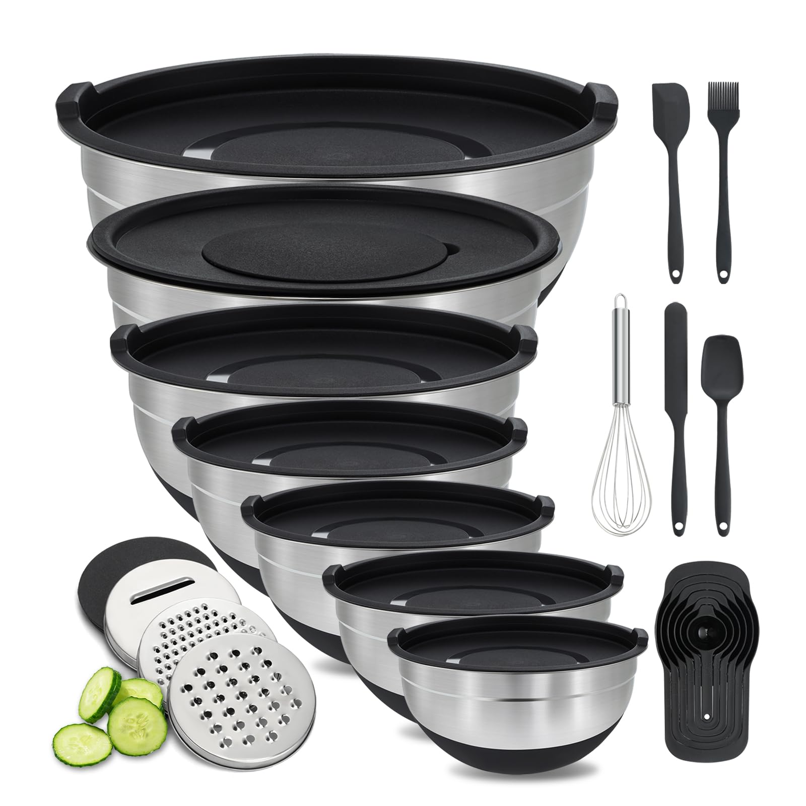 BEWOS Rührschüssel mit Deckel 7-teilig, Edelstahl Rührschüsseln mit Reibe, Nesting Design & Anti-Rutsch-Boden Rührschüssel, Größen 4.5, 4, 3.5, 2.1, 1.5, 1.1, 0.7 Qt zum Mischen&Servieren