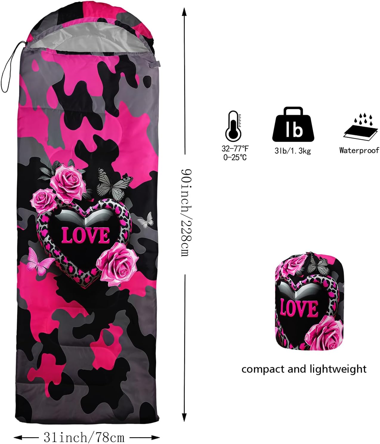 QOOMO Heart Butterfly Camping Sleeping Bags,3 Season Warm & Cool Weather,Lightweight,Waterproof Sleeping Bags for Adults & Kids,Traveling,and Outdoors,Camping Gear Equipment