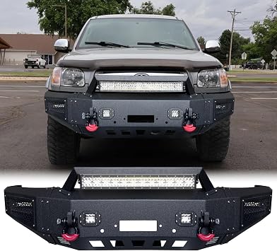 Front Bumper Texture Black Compatible with 2000 2001 2002 2003 2004 2005 2006 Toyota Tundra w/Winch Plate & 5 Aluminum Lights & 2 4.75T D-Rings Not fit Tundra SR5