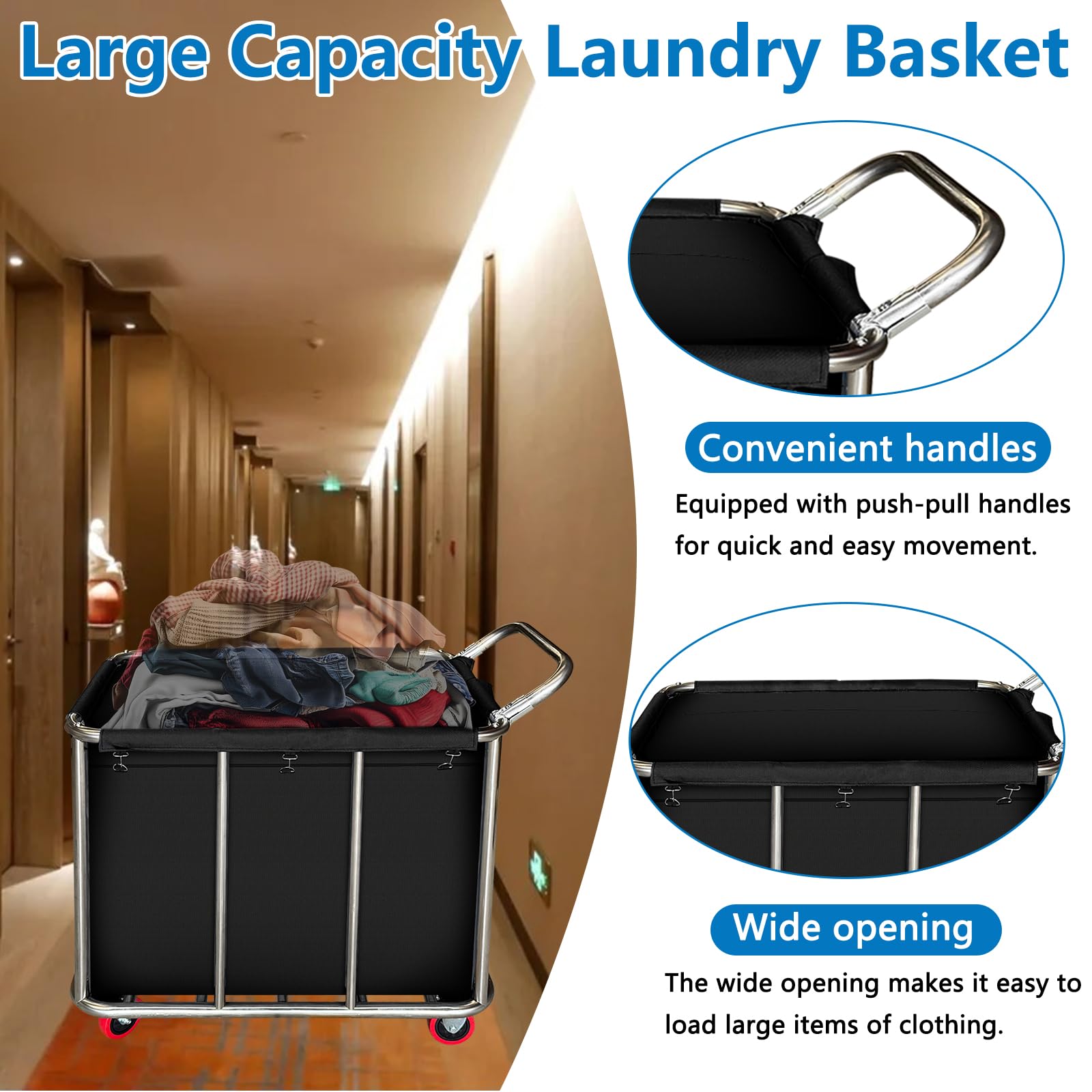 Chariot à linge industriel à roulettes, chariot à linge commercial robuste en acier inoxydable 460L, avec sac de doublure amovible, trieur de grande capacité pour une utilisation en usine et en hôtel