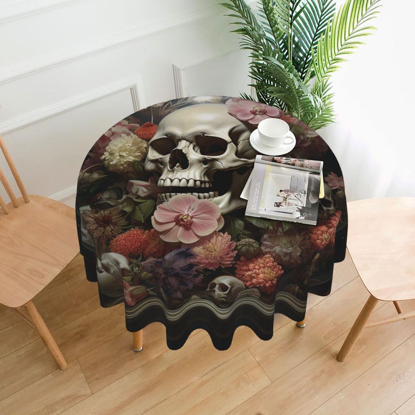 QMKFWT Skull in Glass Printed Round Tablecloth,Dust-Proof Wrinkle Resistant Table Cover Washable Polyester Table Cloth for Kitchen Dining Room Farmhouse Picnic Indoor Outdoor(Round 60 Inch)