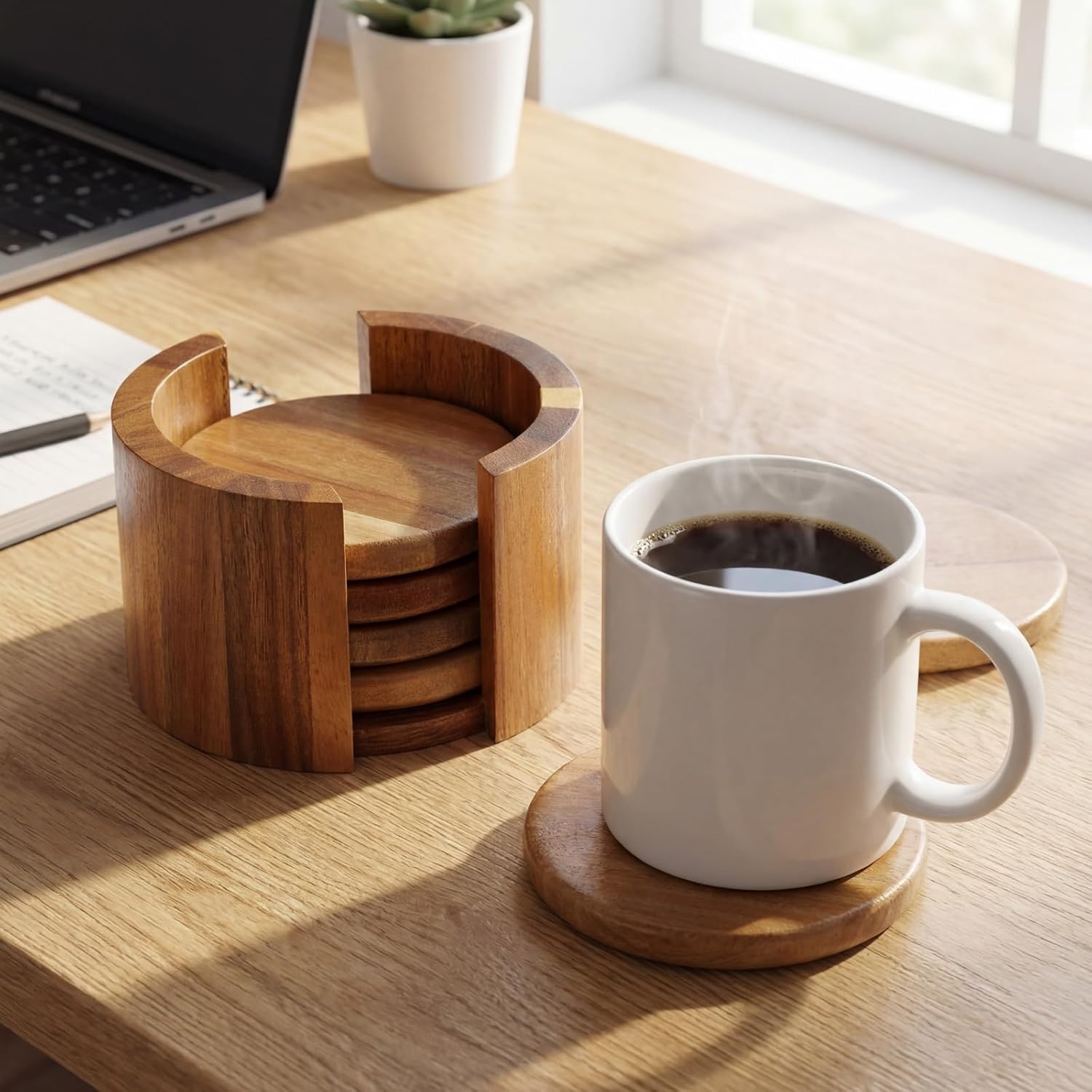 LemonRoad Set of 7 Acacia Wood Coaster Stand Set 6 Round 3.6'' Coasters with 1 Holder Dark Brown Rustic Wooden Drink Coaster for Coffee Table, Bar, Kitchen, Home Decor and Housewarming Gift - Image 3