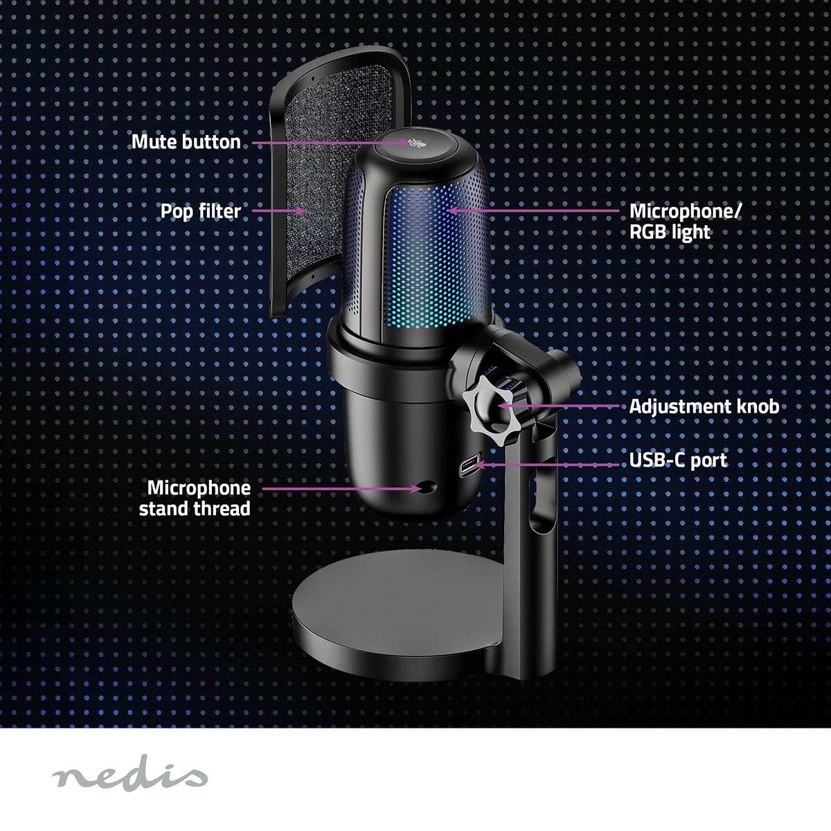 NEDIS Microfono per streaming e gioco - utilizzato per: desktop/notebook - USB Type-A - interruttore on/off - filtro POP