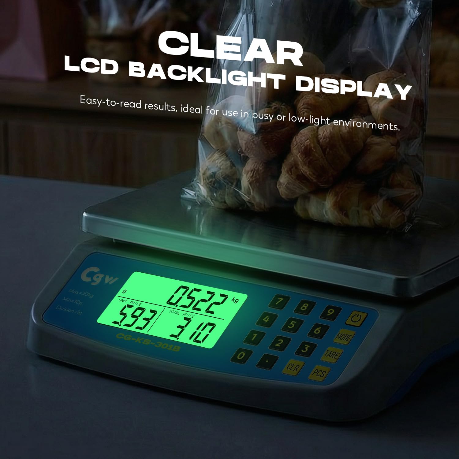 CGOLDENWALL Gewerbliche Küchenwaage 30kg/1g mit Edelstahl-Plattform | Kommerzielle Preisberechnungs- und Zählwaage, KG/LB/OZ, LCD-Display & AC/DC-Strom, für Gastronomie, Bäckerei und Haushalt