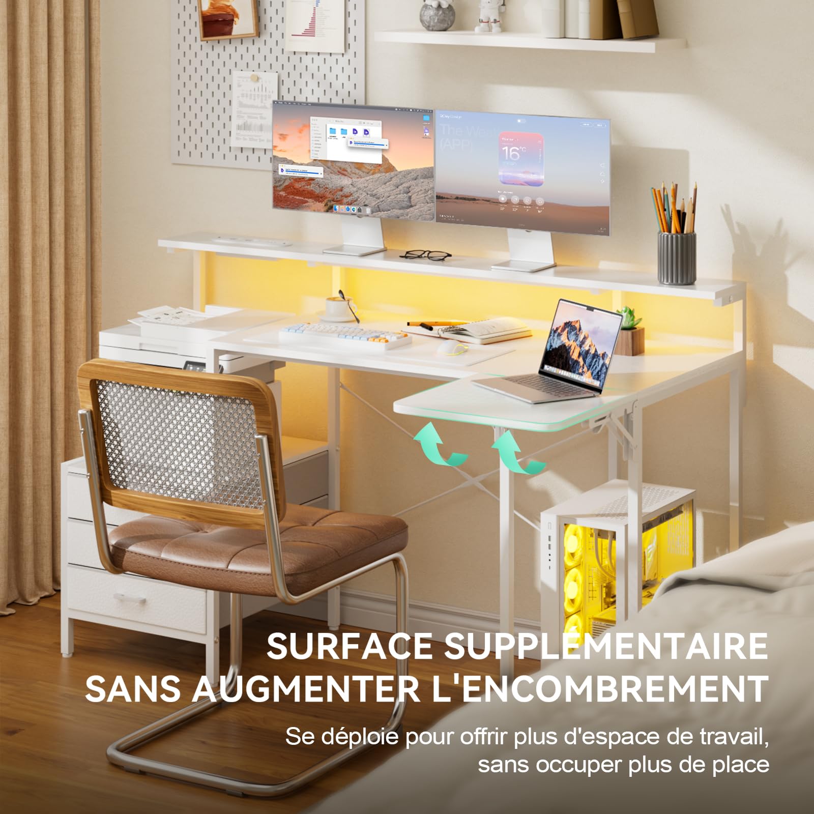 SOLAVERO Bureau Gaming d'angle, Plateau Rabattable, 140 cm, Blanc