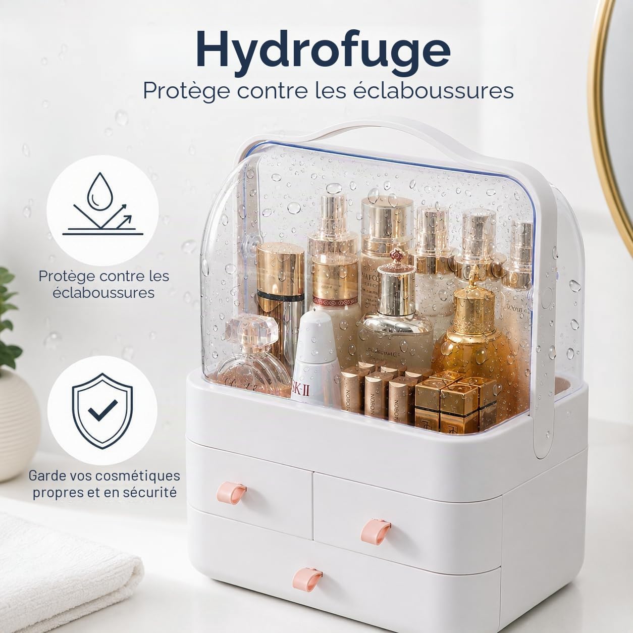 RMAN® Rangement Maquillage Organisateur avec Tiroirs et Couvercle Transparent Rotatif à 180 ° Rangement Parfum pour Coiffeuse, Salle de Bain, Chambre, Parfait pour Cadeaux de Noel (Rose)