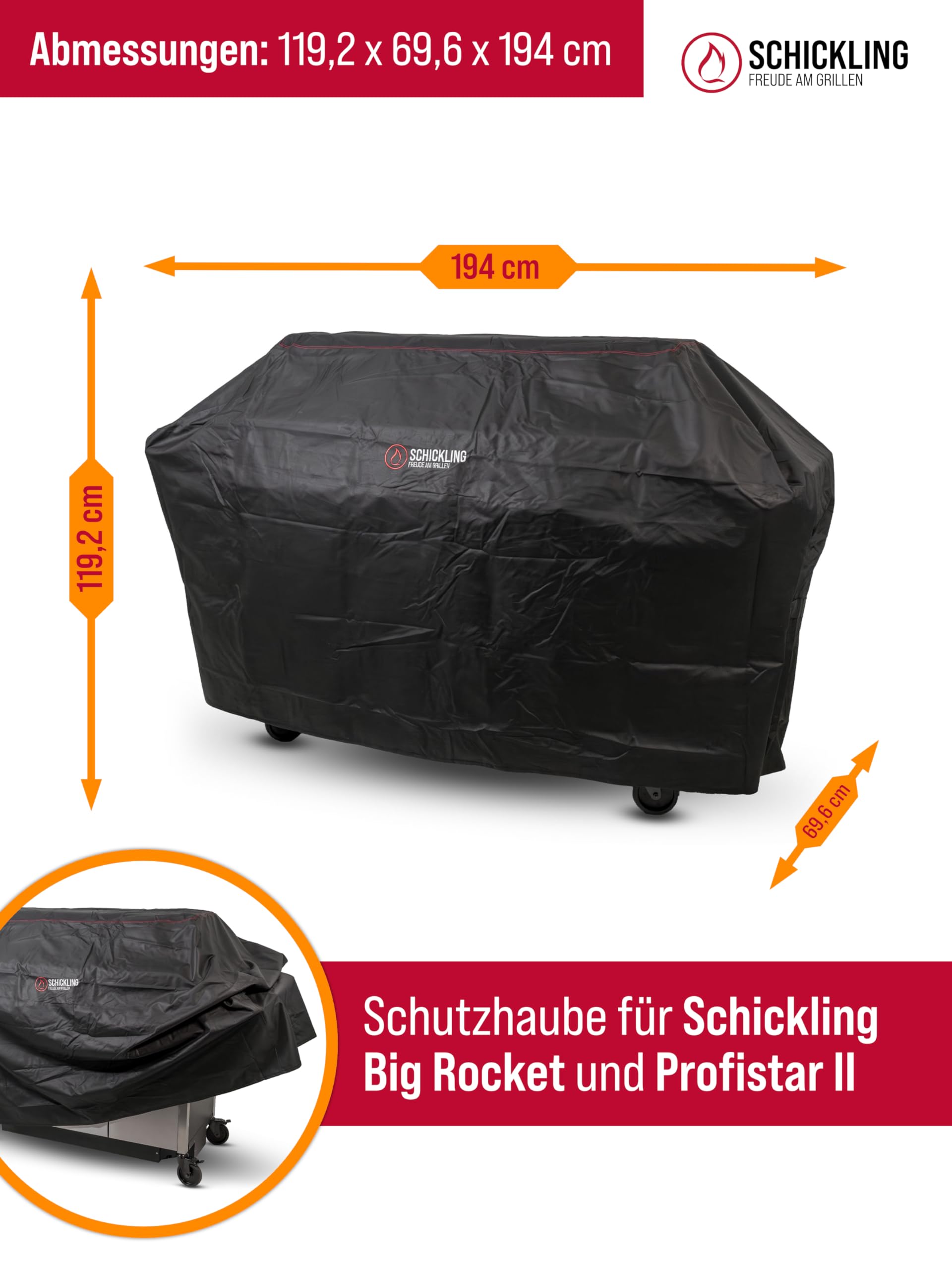 Schickling Grillabdeckung Wetterfest XXL - Abdeckhaube Grill - Wasserdichte Grillhaube - BBQ Cover - 125(H) x 69(T) x 194(B) cm - UV Beständig - Material PVC 600D - Passend für Big Rocket & Profistar