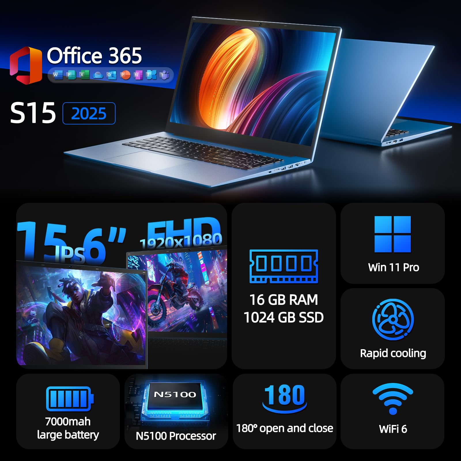 SGIN 15.6 Inch Laptop Computer, Windows 11 Laptops with 16GB RAM 1024GB SSD, Celeron N5100, Office 365, WiFi 6, 53.2WH Battery, 180° Viewing, HDMI, Cooling Fan, for Business and Students — view 2