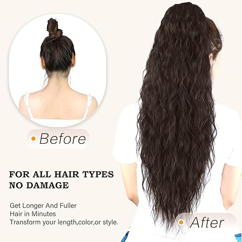 Miniatura 5 de Extensión de cola de caballo de 30 pulgadas de largo, color negro, para mujer, extensiones de cabello sintético largo rizado ondulado con clip, para