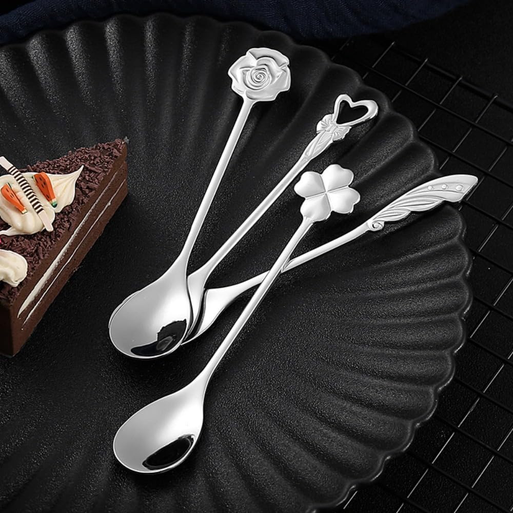 (4 Pieces) Exquisite Embossed Stainless Steel Four-leaf Clover Love Coffee Spoon Cute Stirring Spoon Heart-shaped Dessert Spoon Souvenir (Gold)