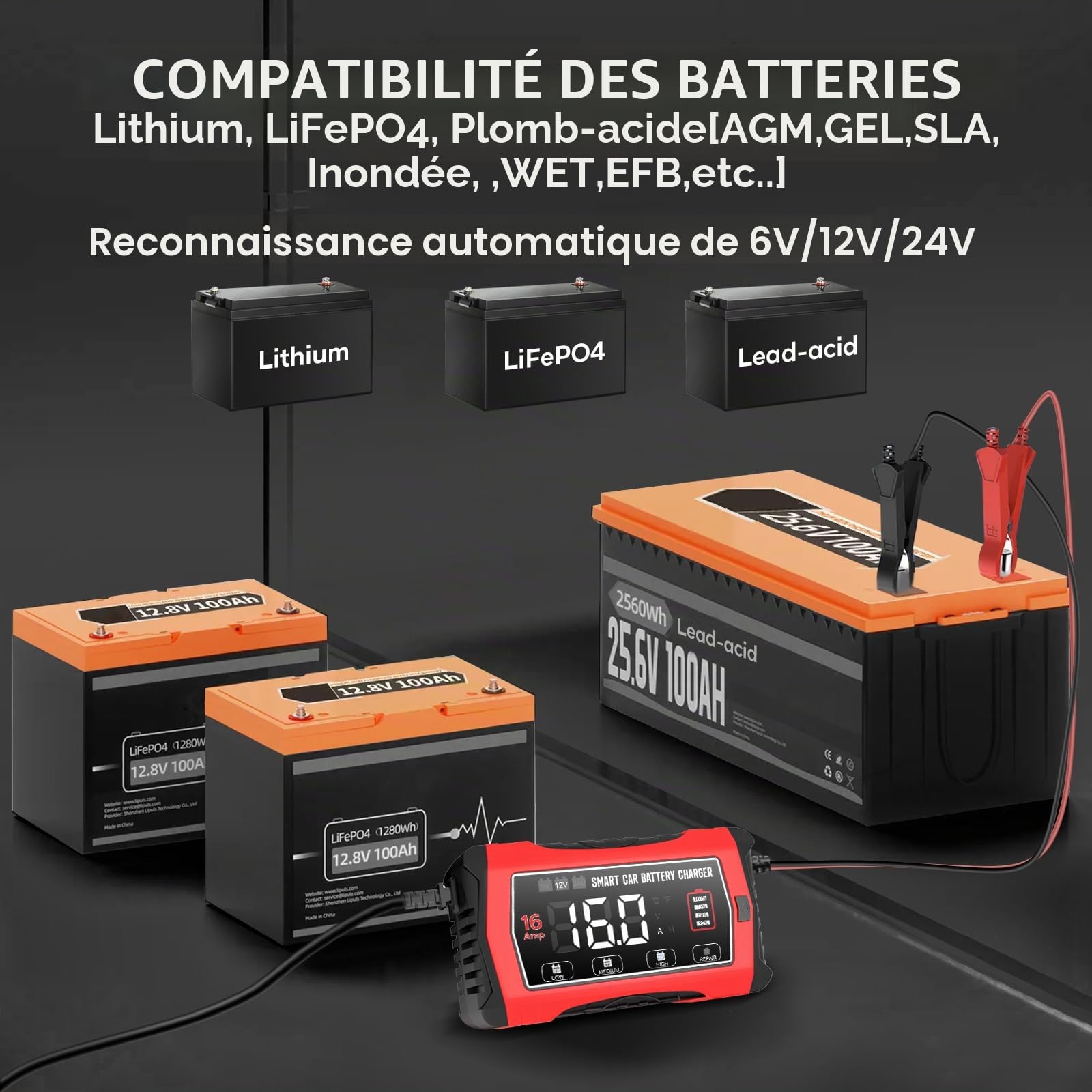 Haisito Chargeur de Batterie 16A, Chargeur Intelligent Automatique 6V/12V/24V pour Batteries Plomb (AGM/Gel/SLA/EFB) et LiFePO4, Maintien de Charge 10 Étapes avec Écran LCD pour Voiture, Moto et Plus