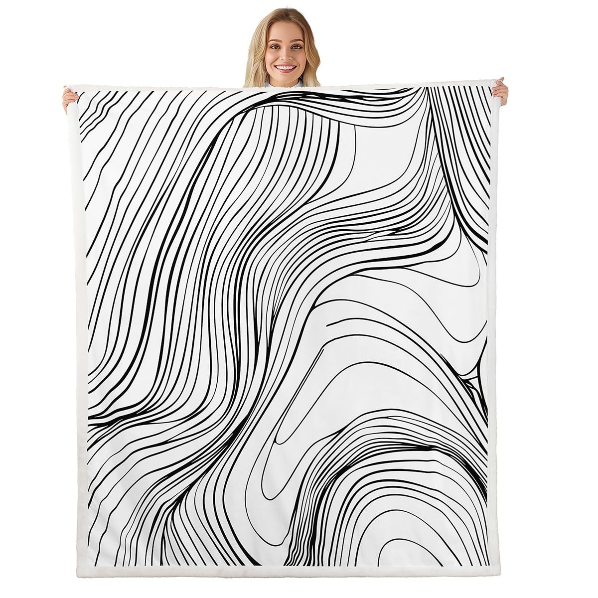 jejeloiu Black White Fleece Throw Blanket Twin 60"x80" Kids Abstract Art Sherpa Blanket for Boys Girls Teens Stripes Modern Art Plush Blanket