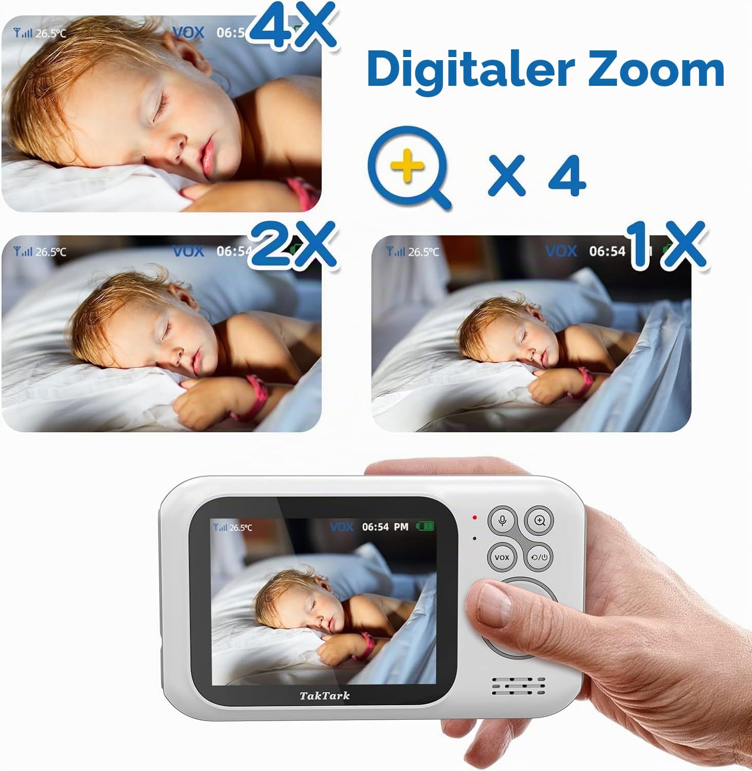 TakTark Babyphone mit Kamera, Babyfon mit 3.2'' Video Baby Monitor, Kamera und Audio Babyphone mit Zoom, VOX Funktion, Gegensprechfunktion, Nachtsicht, Temperaturüberwachung