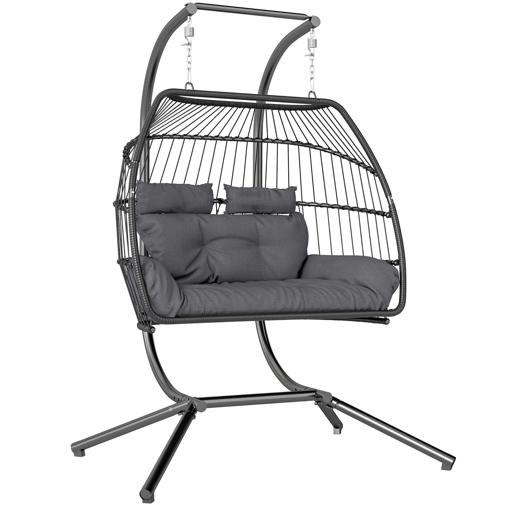 Outsunny Dark Grey 2 Seater Rattan Hanging Egg Chair With Stand And Cushion