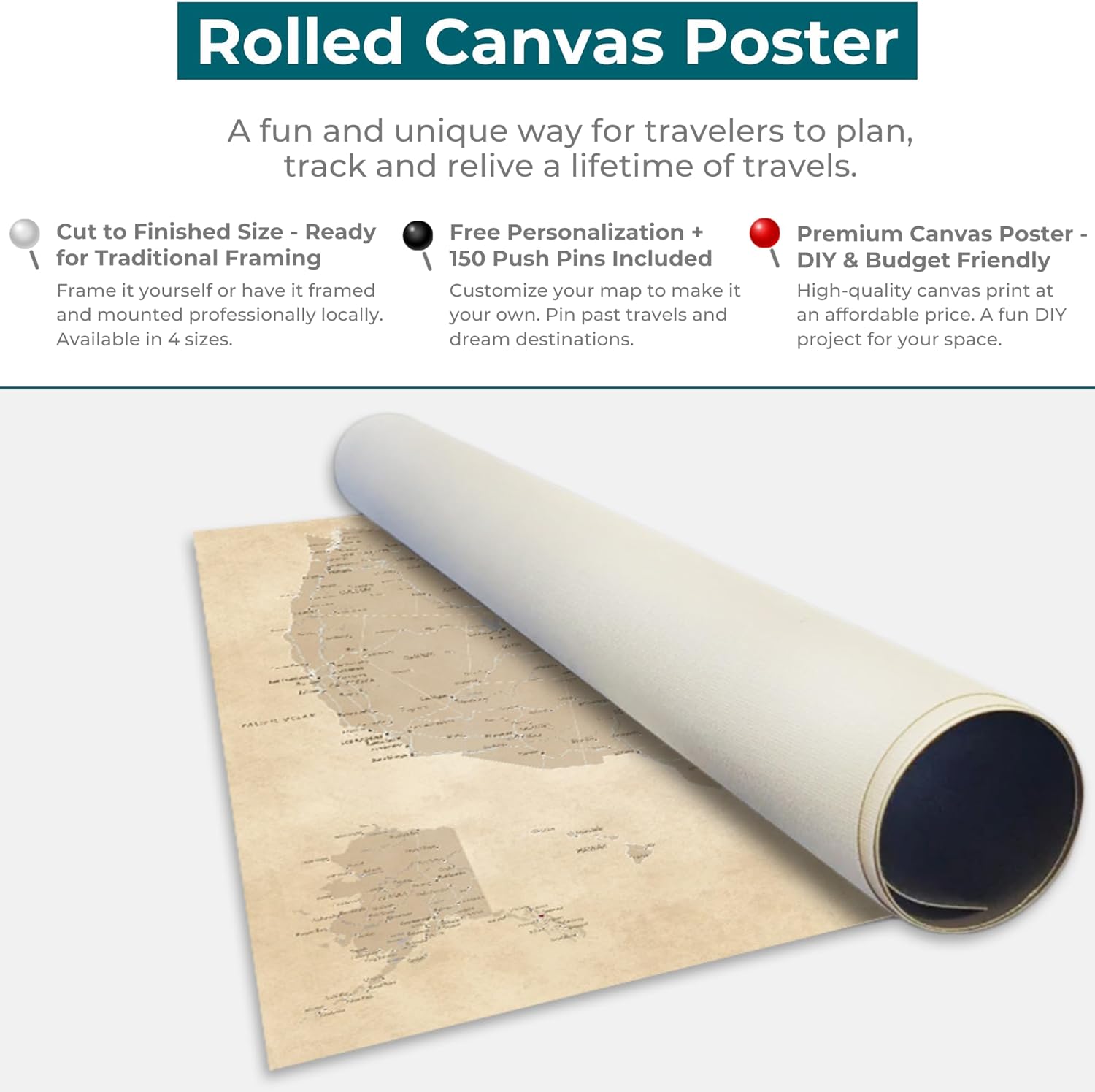 Personalized Canvas Rolled Poster United States Map Wall Art – Large 24" x 36" Vintage USA Map Poster – Push Pin Travel Decor for Home or Office
