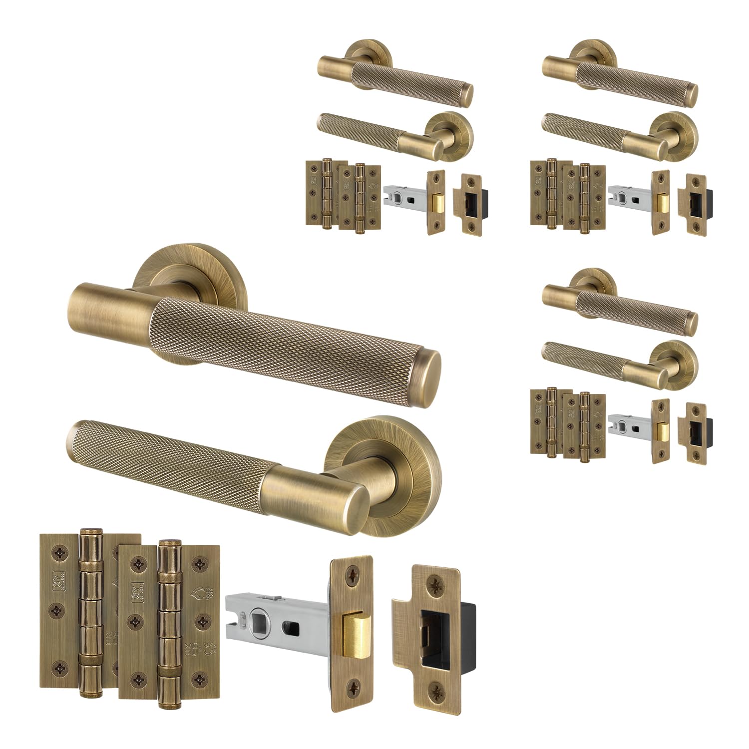 Eai Antique Brass Door Handle Latch Set, Internal Door Handle With 64Mm Latch And 76Mm Hinges, Varri Range 4 Pack