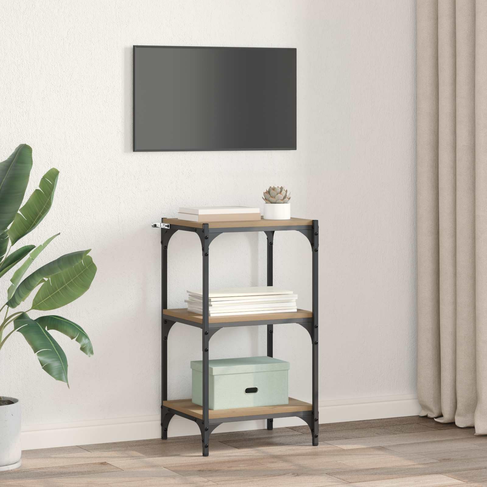 Libreria a 3 ripiani, 40 x 33 x 70,5 cm, in legno con robusto telaio in ferro, per soggiorno, ufficio e studio, organizer per spazio, design industriale moderno, salvaspazio