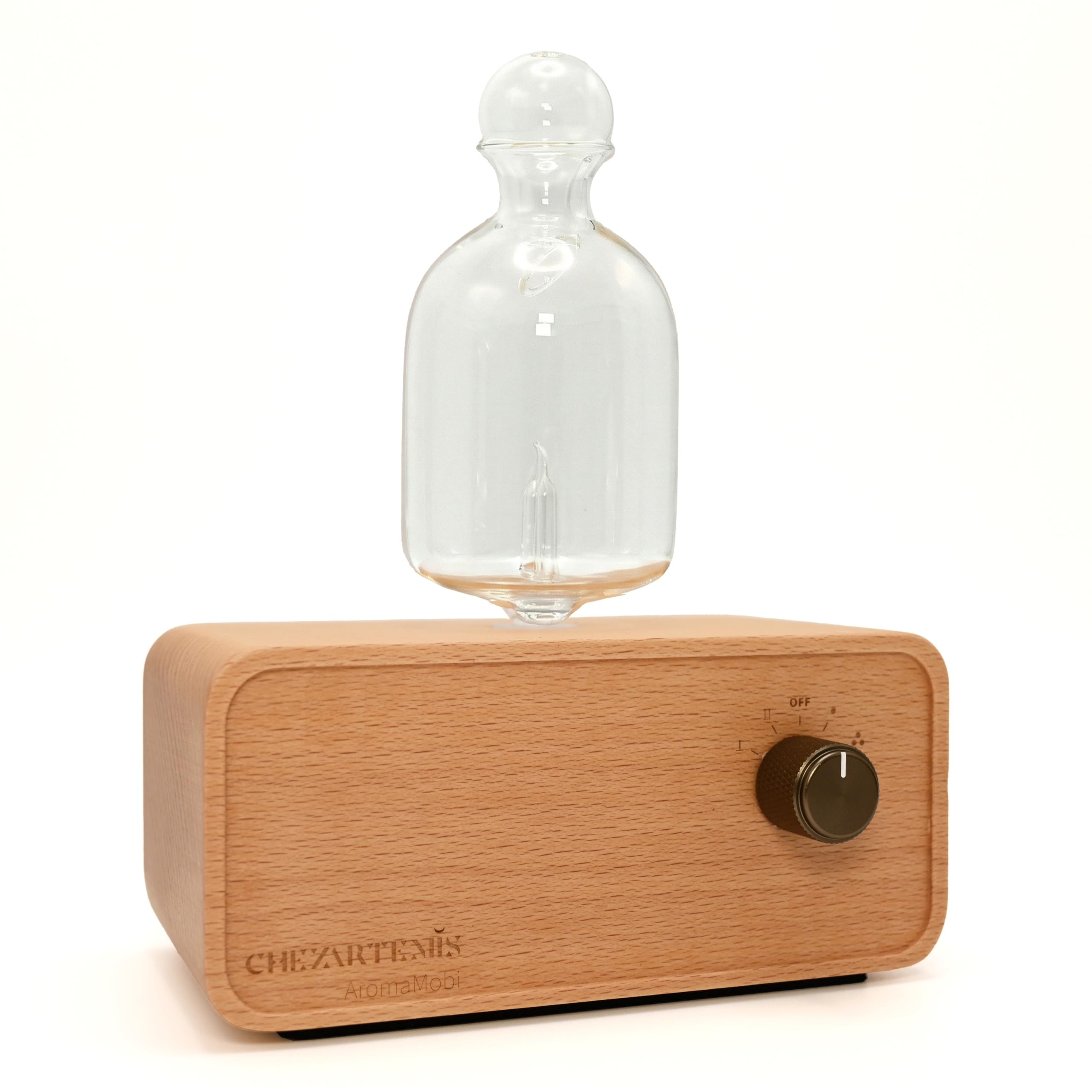 Aria Difusor de Aceites Esenciales Sin Agua, Nebulizador de Aromaterapia en Vidrio y Madera, Difusor de Aromas Inalámbrico para Hogar y Salón, Batería Recargable, Diseño Retro con Temporizador & LED