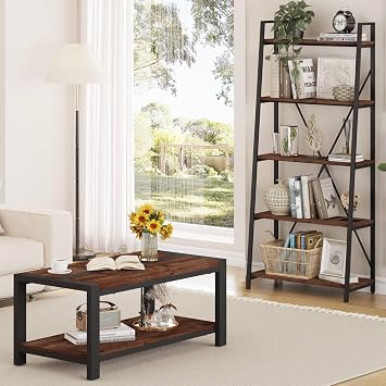 BON AUGURE 5-Tier Industrial Ladder Shelf Bookcase & Coffee Table for Living Room Rustic Oak