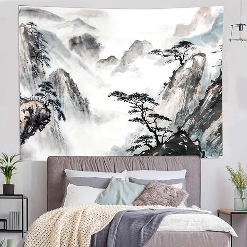Miniatura 2 de Hjokiupt Tapiz japonés, pintura de paisaje asiático, tinta oriental, acuarela, árbol de montaña, decoración abstracta de dormitorio, tapiz con