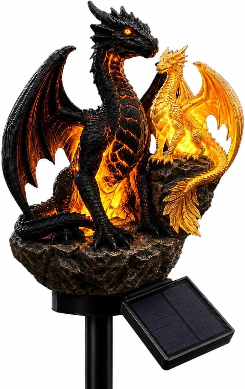 Dragon Legacy Golden Ember Edition Solar Garden Light - Outdoor Statue Lamp, Gothic Medieval Fantasy Decor for Halloween, Unique Gift for Dragon Lovers, Ornament Patio(1pcs)