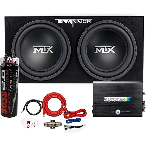 MTX 12 Inch 1200 Watt 4 Ohm Dual Loaded Car Audio Subwoofer Package with Sub Enclosure, 1200W Mono A/B Amplifier, Wiring Kit and Capacitor