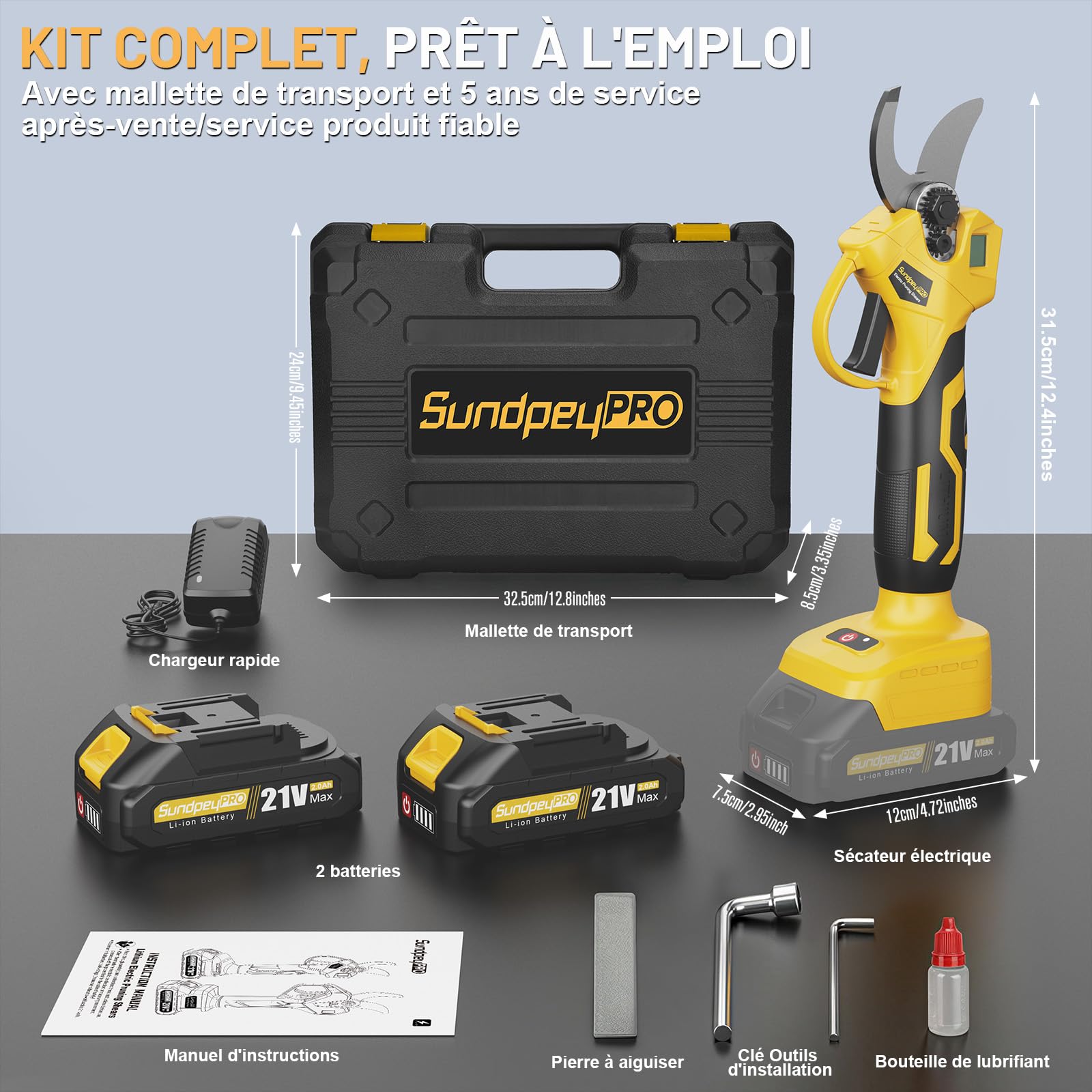 Sécateur éLectrique Sans Fil, Max 30mm Secateur Electrique avec 2 Batteries, Moteur Sans Balais, Écran LCD, Étui de Transport, Sécateur à Batterie pour Jardin Verger Branches D'Arbres Parcs