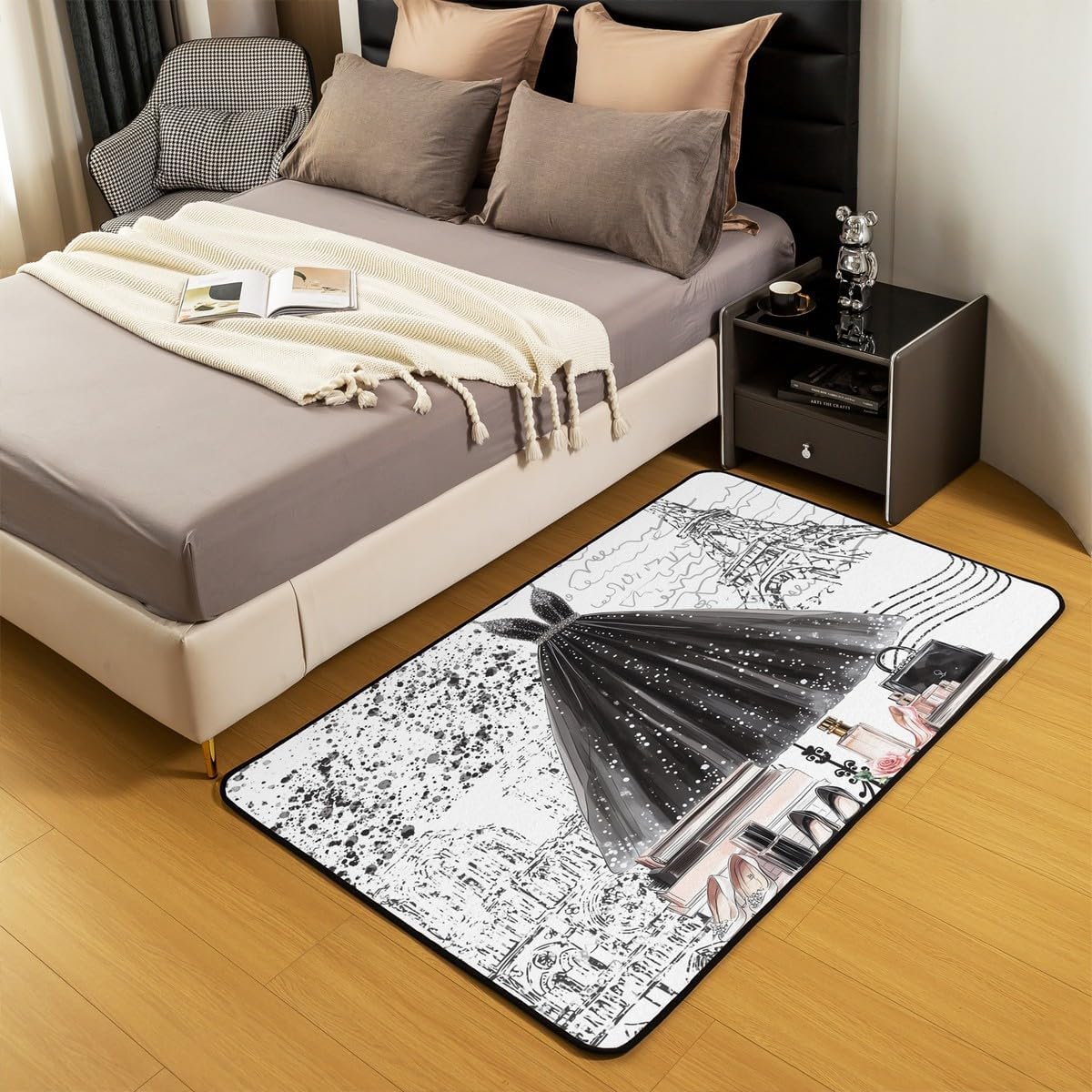 Erosebridal Fashion Girly Dress Carpet 4'11" x 3'3" Black White Eiffel Tower Paris Area Rug Perfume Modern Girls Women Indoor Floor Mat Romantic High Heels Makeup Decorative Washable Rug