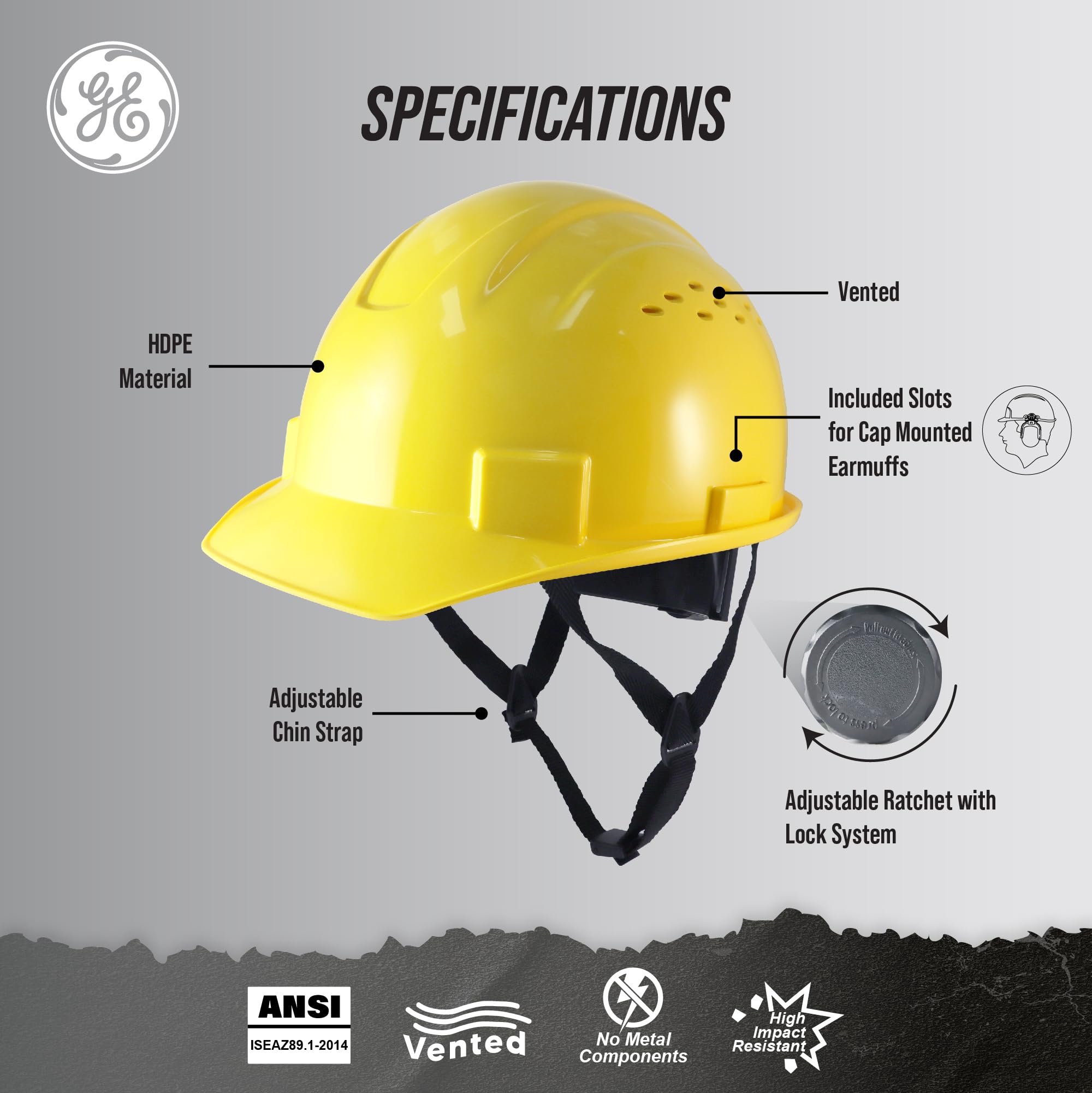 GE Casco duro, estilo de gorra ventilada, clase C, amarillo, banda acolchada que absorbe el sudor, sistema de suspensión de trinquete de 4 puntos, ranuras para orejeras, alta resistencia a los