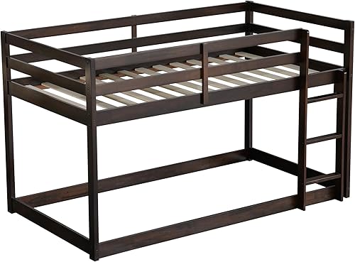Miniatura 71 de Litera baja individual sobre individual, base de cama de madera maciza con escalera y barandillas de seguridad, literas individuales para niños y