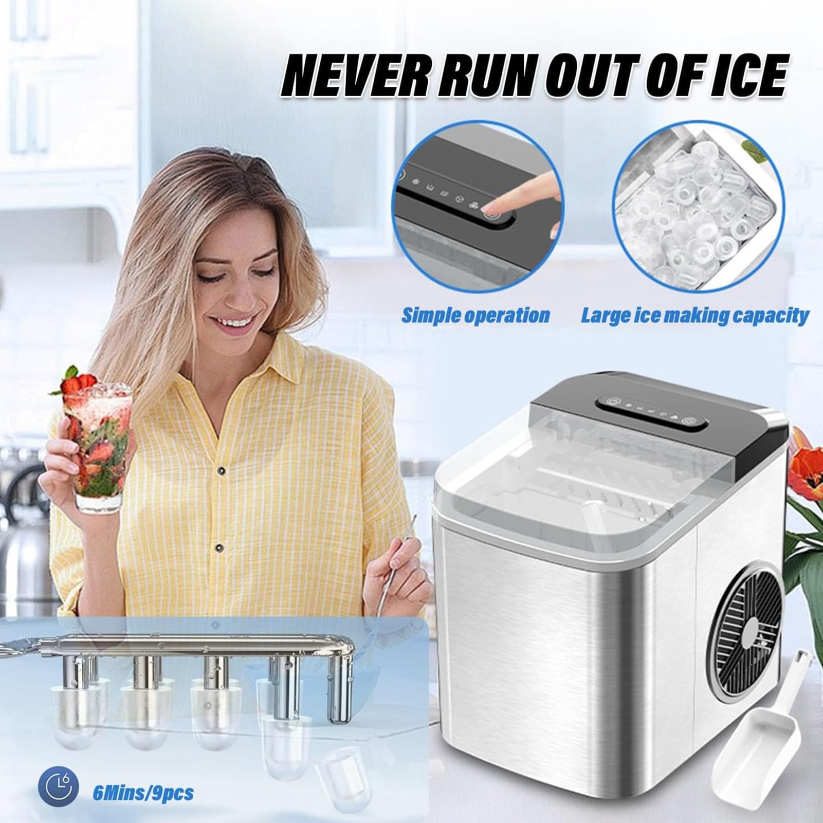 Encimera portátil máquina hacer hielo cuchara cesta for hielo,for hogar | Máquina de hielo autolimpiante, 12 kg en 24 h, hielo listo en 6 minutos, 2 ajustes de tamaño, for cocina/oficina/bar