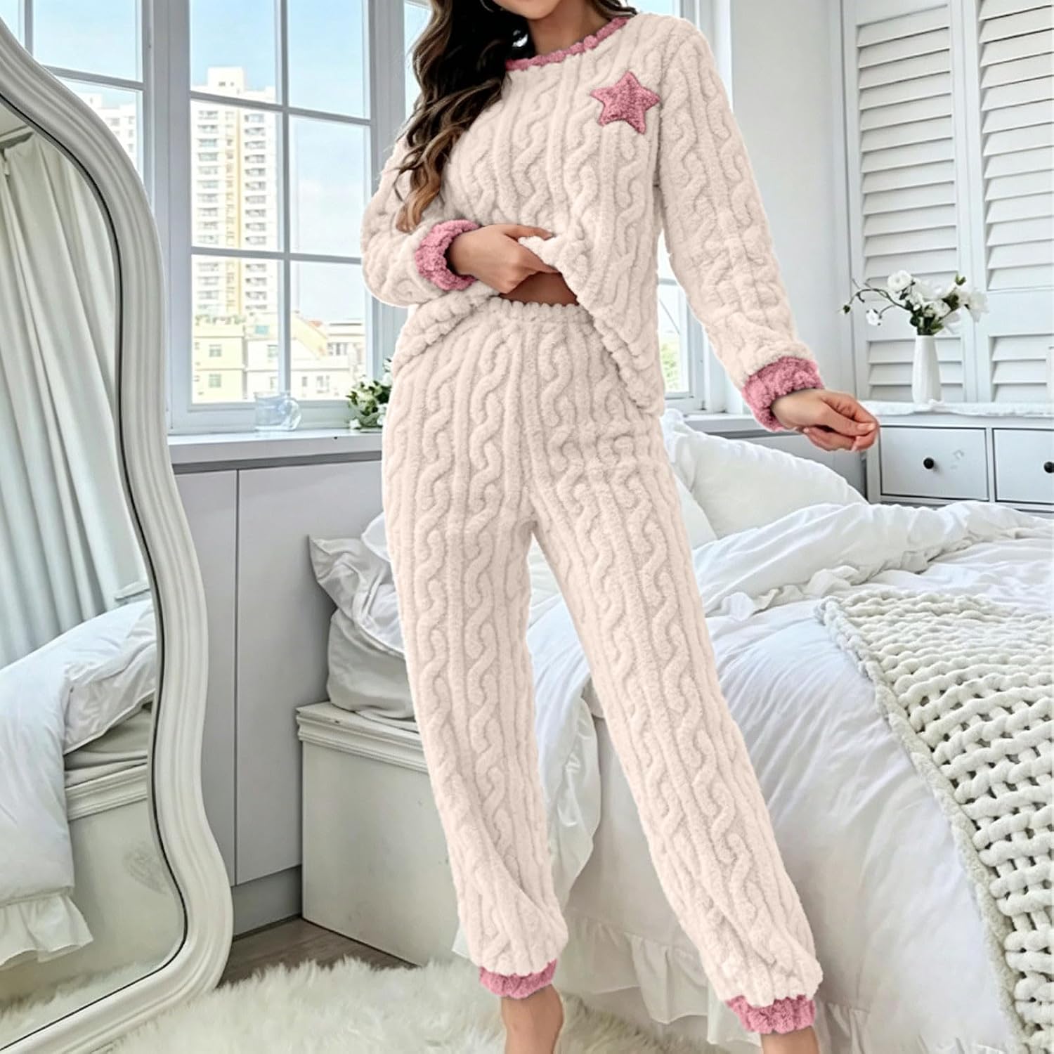 Womens Fluffy Pajama Set Plush Pullover Fleece Warm | Women's Fluffy Pajamas Set Winter Warm 2 Piece Plush Pullover Pants Fuzzy Fleece Sleepwear Crew Neck Loungewear Pjs