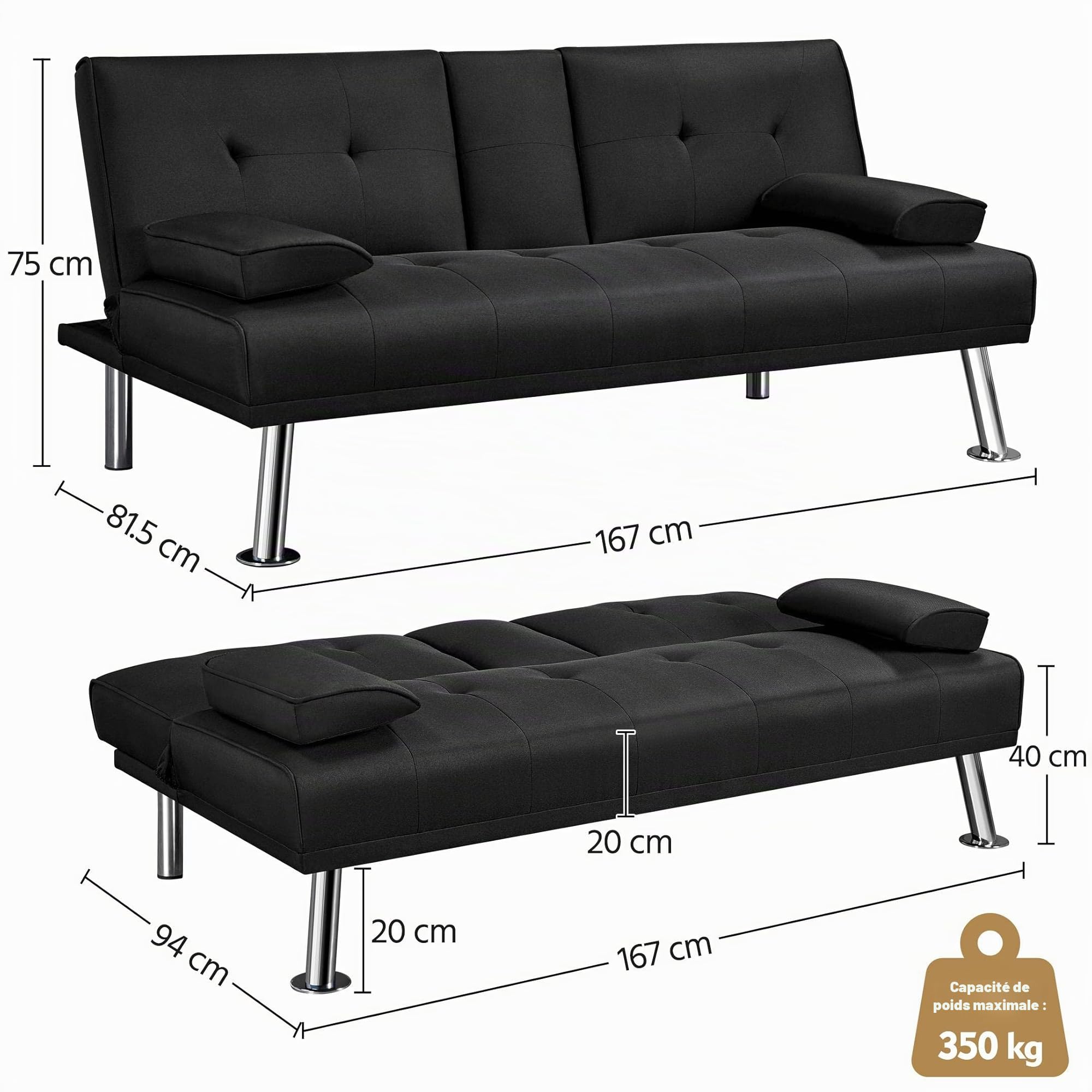 Yaheetech Canapé Droit Convertible en Tissu Canapé-Lit 2 Places Moderne Divans Relax avec Dossier Inclinable pour Couchage Quotidien Salon Bureau Chambre à Coucher Noir