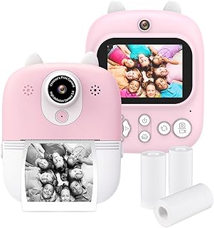 Pruie Câmera instantânea multifuncional 3 em 1 Câmera de impressão instantânea infantil Tela IPS de 2,4 polegadas Lentes duplas 12MP 32GB de memória estendida com 3 rolos de papel de impressão e cordã