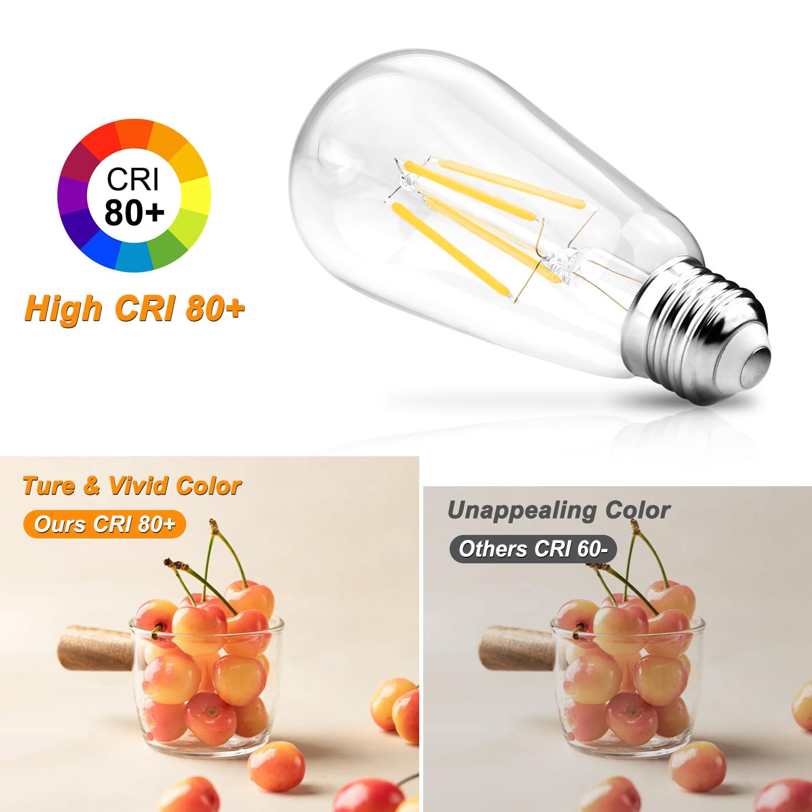Ascher Bombillas LED Edison vintage, 6 W, equivalente a 60 W, luz blanca diurna de alto brillo 4000 K, bombillas de filamento LED ST58 con CRI 80+, base mediana E26, no regulable, vidrio transparente,