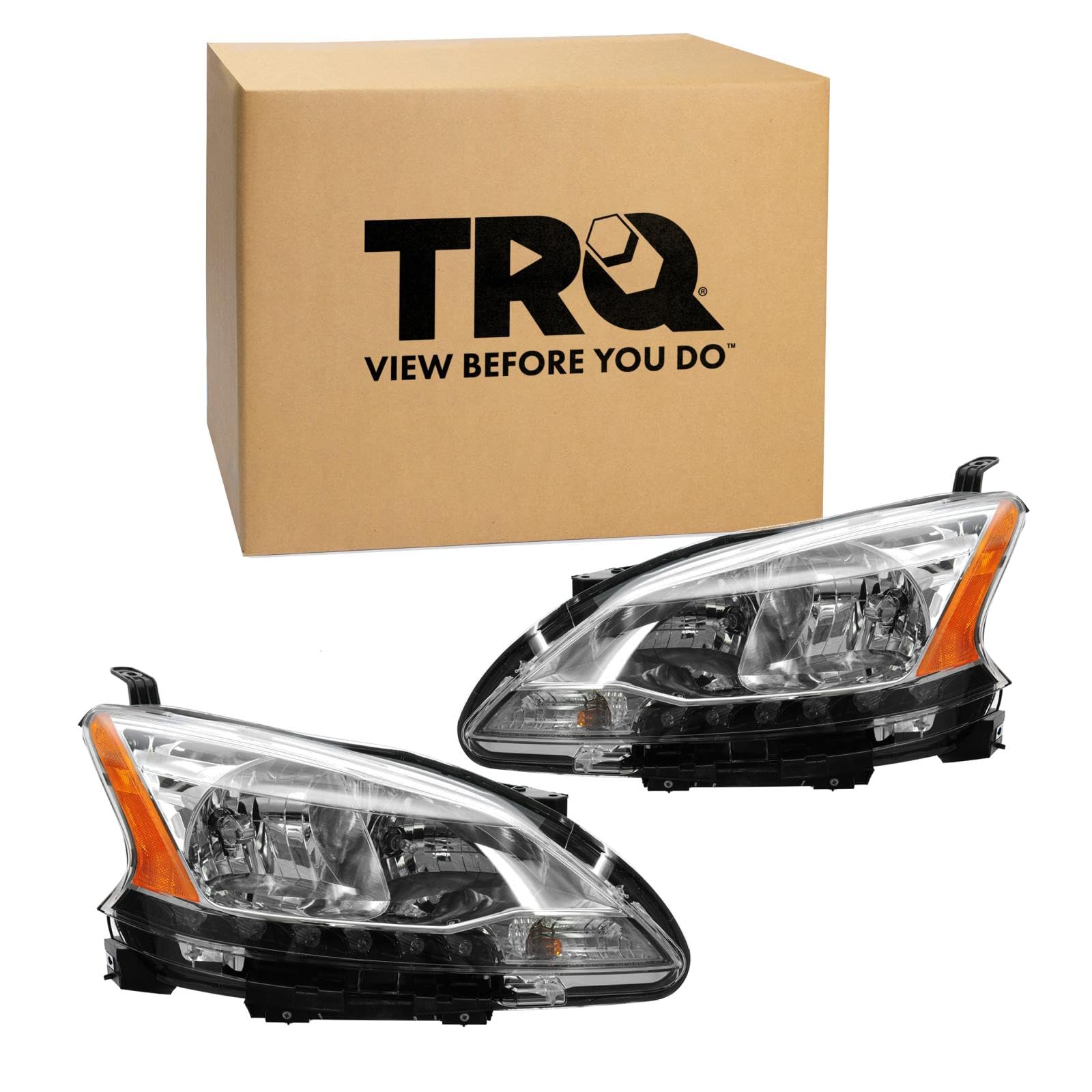 TRQ 2 Piece Headlight Assembly Set Chrome Bezel Driver &amp; Passenger Side Compatible with Nissan Sentra 2013-2015 NI2502216 NI2503216 260103SG2A 260603SG2A