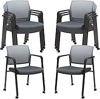 Vista 37 de CLATINA Silla de sala de espera negra con ruedas y respaldo de malla, sillas con brazos apilables con asiento de tela tapizado y soporte lumbar