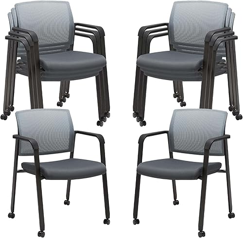 Vista 38 de CLATINA Silla de oficina apilable con ruedas, respaldo de malla, sillas de invitados con brazos, cómodo cojín de cuero, silla de escritorio apilable