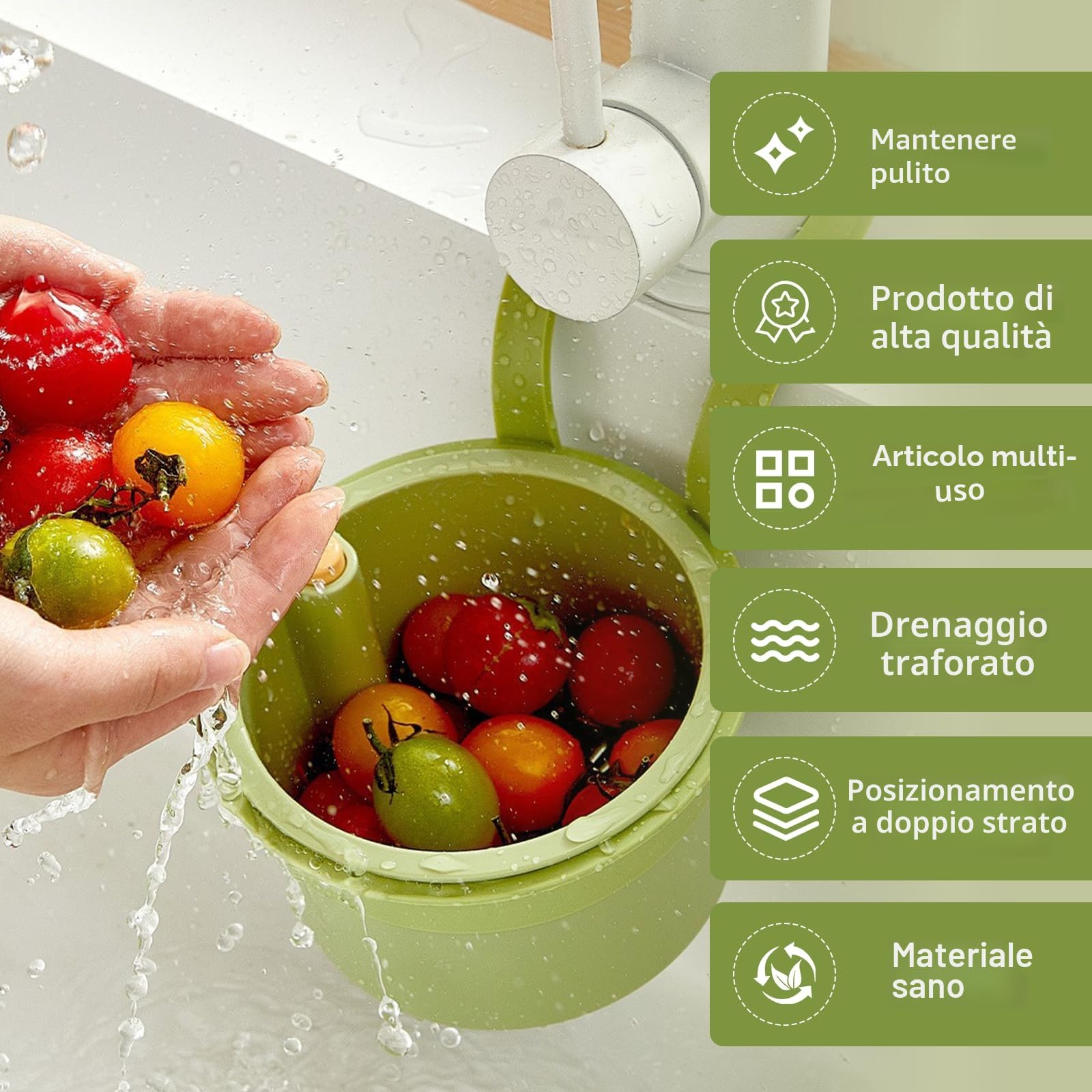 Zikenis Cestello di scarico in plastica,filtro di scarico multifunzione,adatto alla maggior parte dei rubinetti standard,per il lavaggio e lo stoccaggio in cucina (verde)
