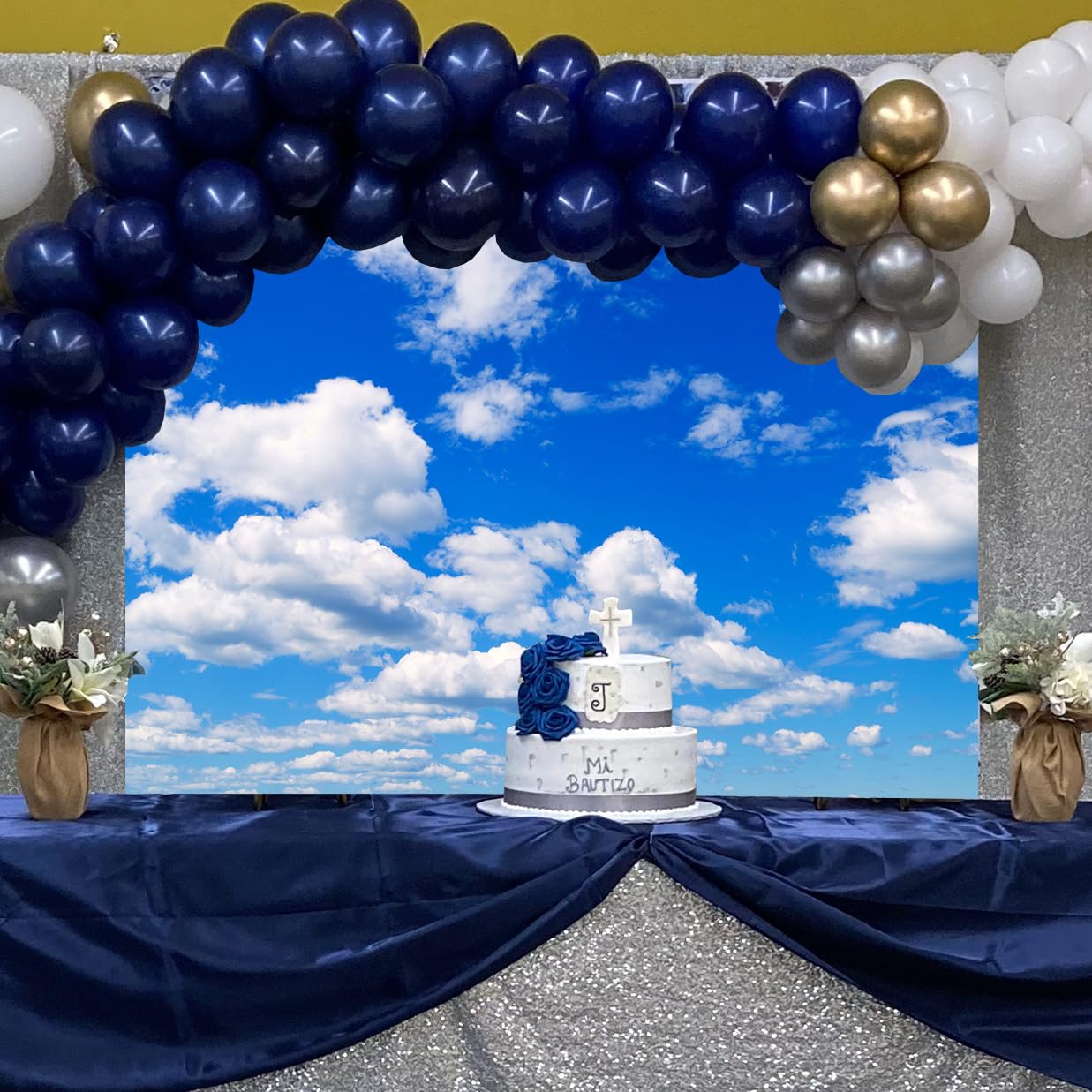 Sfondo fotografico in tessuto 3,7 x 3,1 m con tema cielo, nuvole bianche e cielo blu, per fotografia di neonati, battesimi, baby shower, feste di compleanno bambini, matrimoni, balli