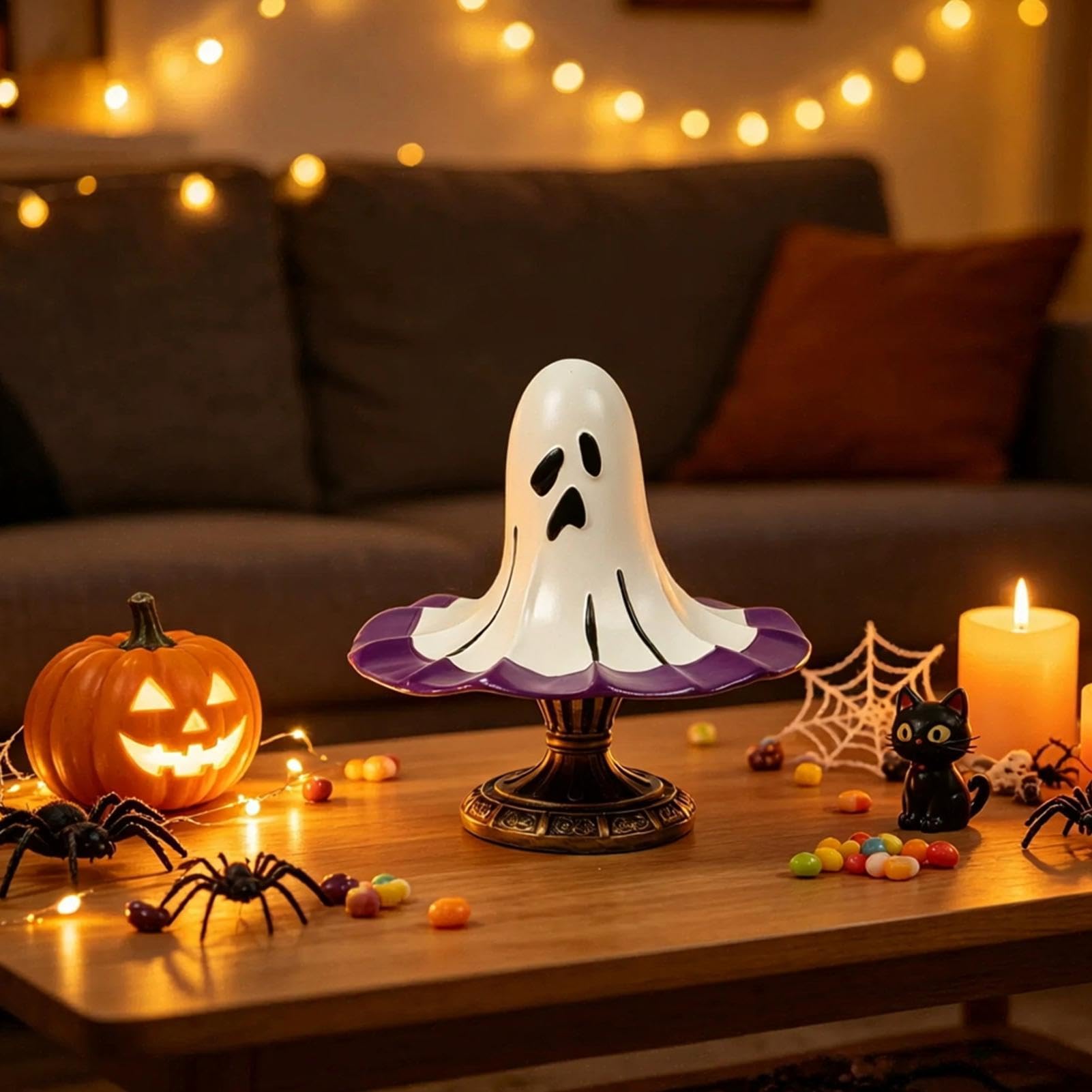 Generisch Lampada a forma di cappello fantasma in resina gotica con attacco USB | Lampada fantasma retrò di Halloween per tavolo, casa, camera da letto, soggiorno, libreria, caminetto, comodino